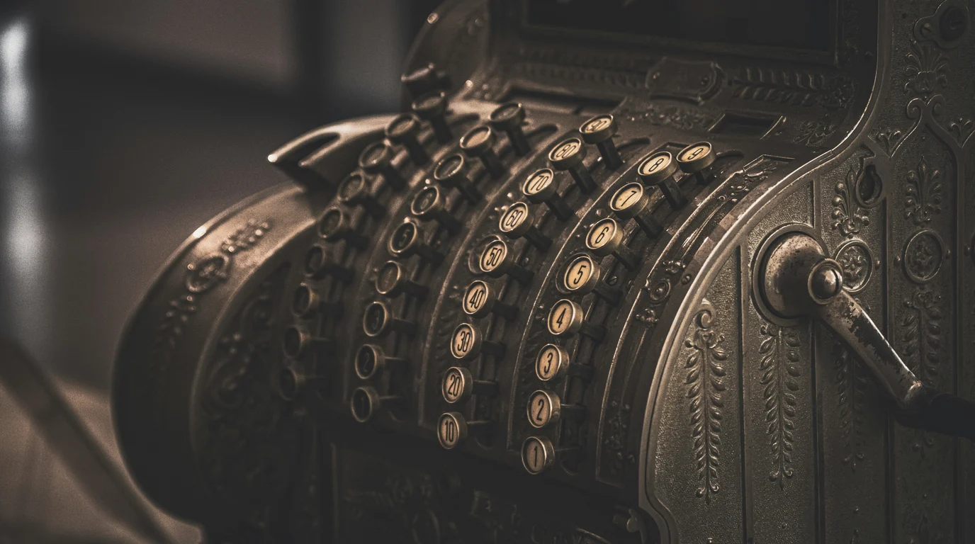An ornate antique cash register in warm sepia light, its numbered metal keys curving in rows beside a side crank.