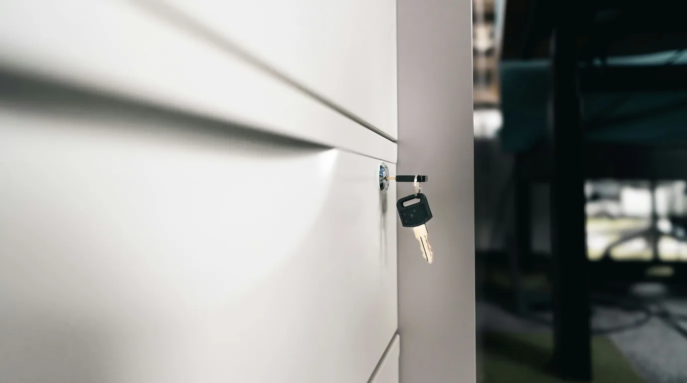 A key turned in the lock of a pale cabinet door, a second key hanging from the ring.