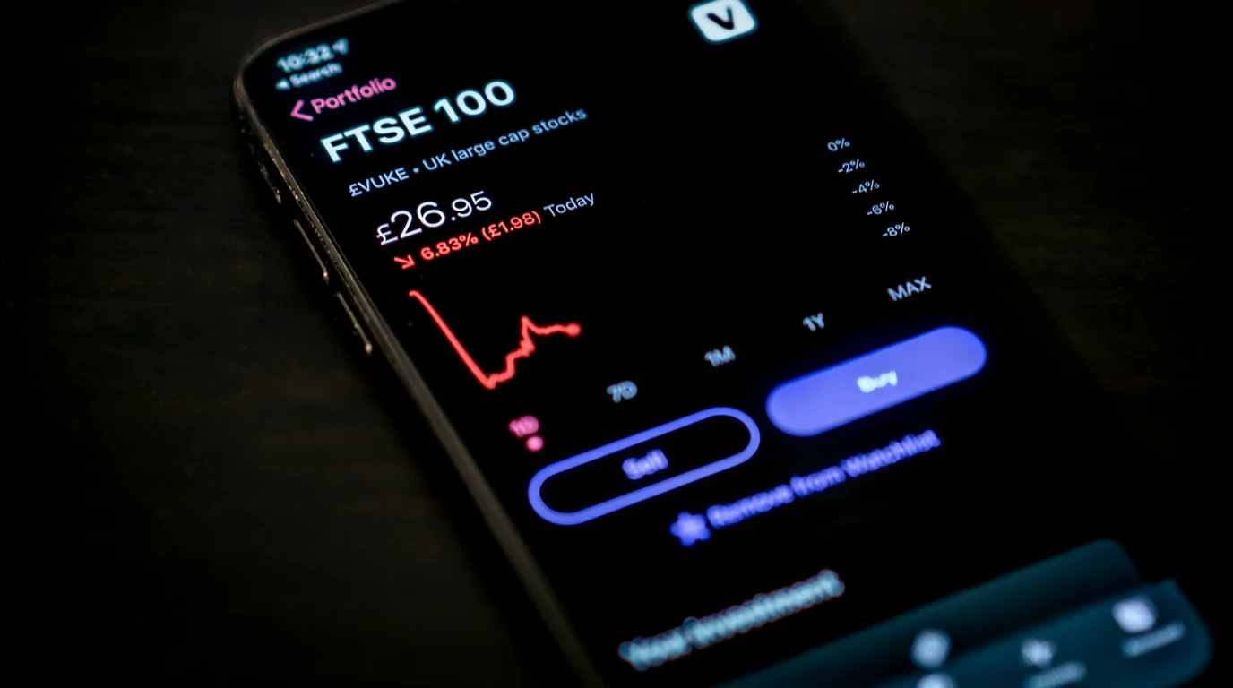A phone screen glowing in darkness with a red falling price chart above blue buy and sell buttons.