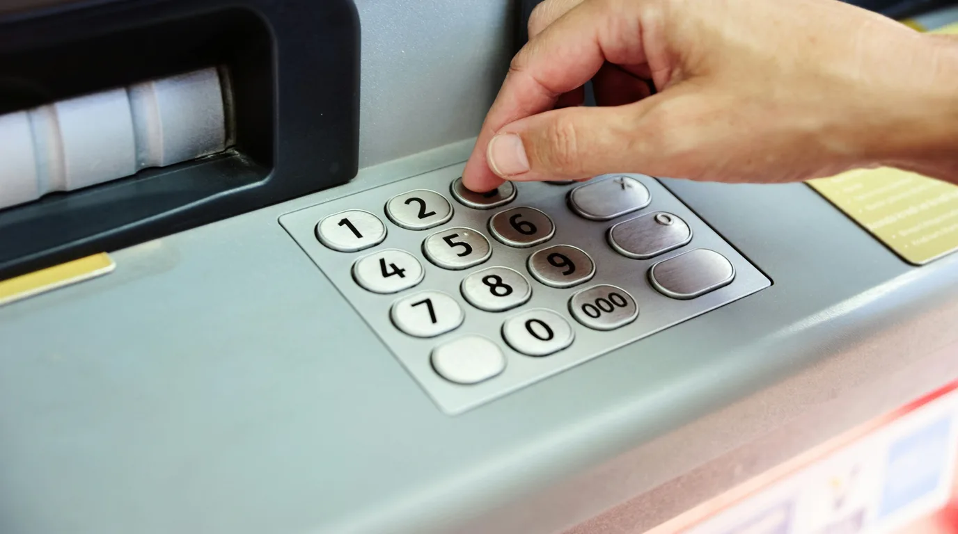 Fingers pressing the round keys of a pale green cash machine keypad.