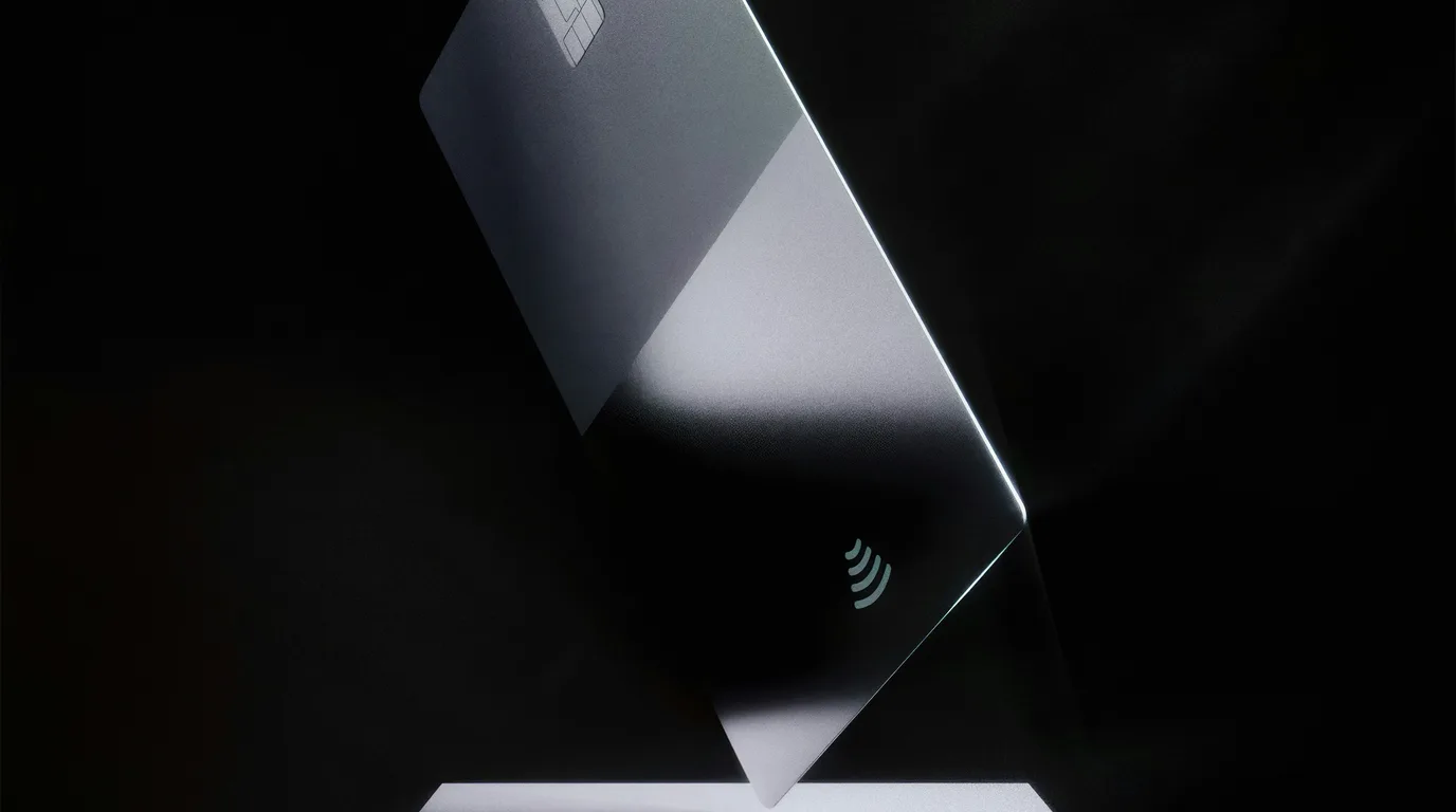 A dark angular surface catching the light, a contactless payment symbol faintly lit at one corner.