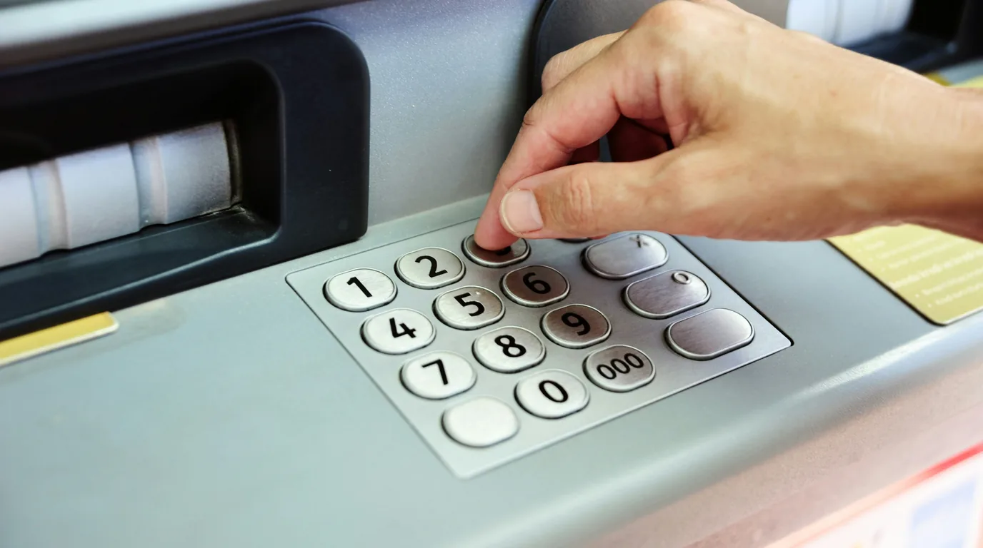 A finger pressing a round steel key on a cash machine keypad.