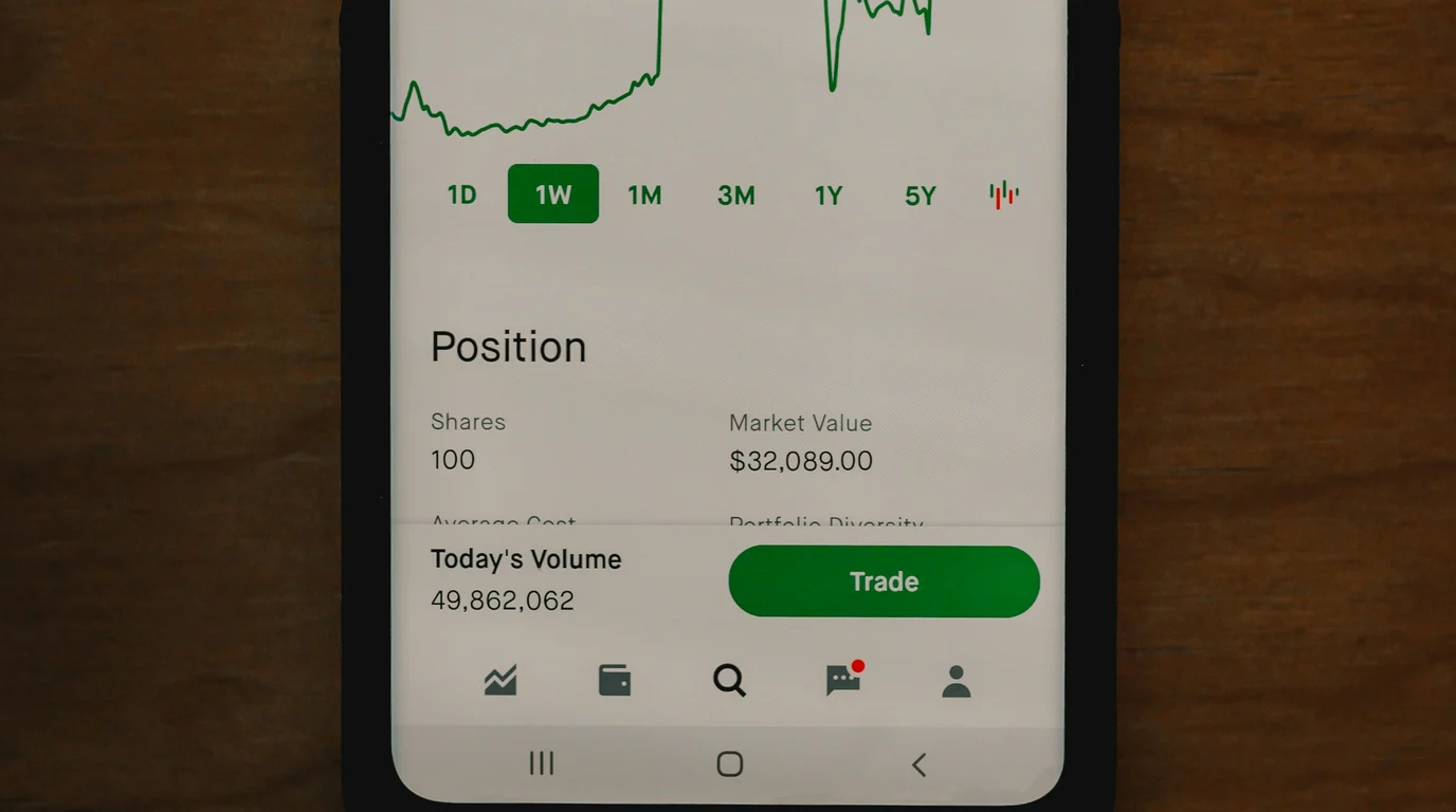 A phone screen showing a green share-price chart above position details and a large green trade button.
