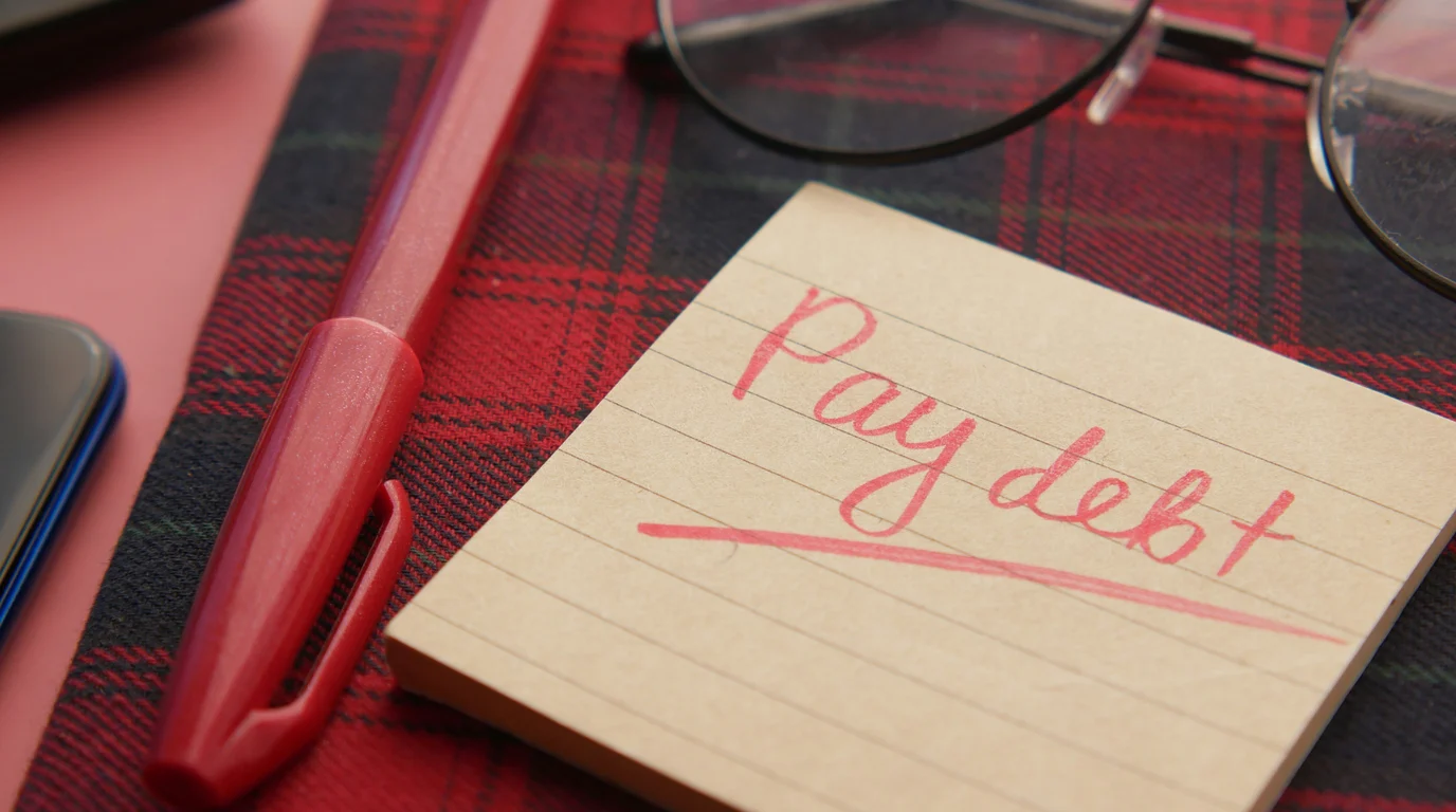 A notepad on red tartan cloth with the words Pay debt underlined in red marker, beside a red pen and a pair of glasses.