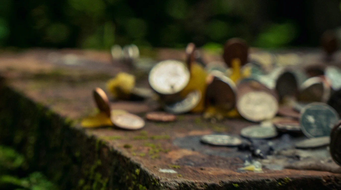 Scattered coins and yellow petals resting on a mossy stone ledge, with greenery blurred behind in soft focus.