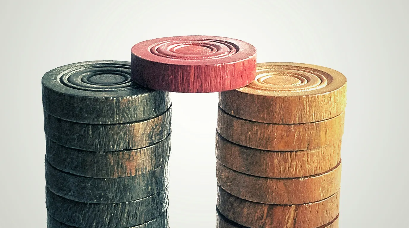 Two stacks of wooden discs of unequal height, bridged at the top by a single red disc, against a plain pale background.
