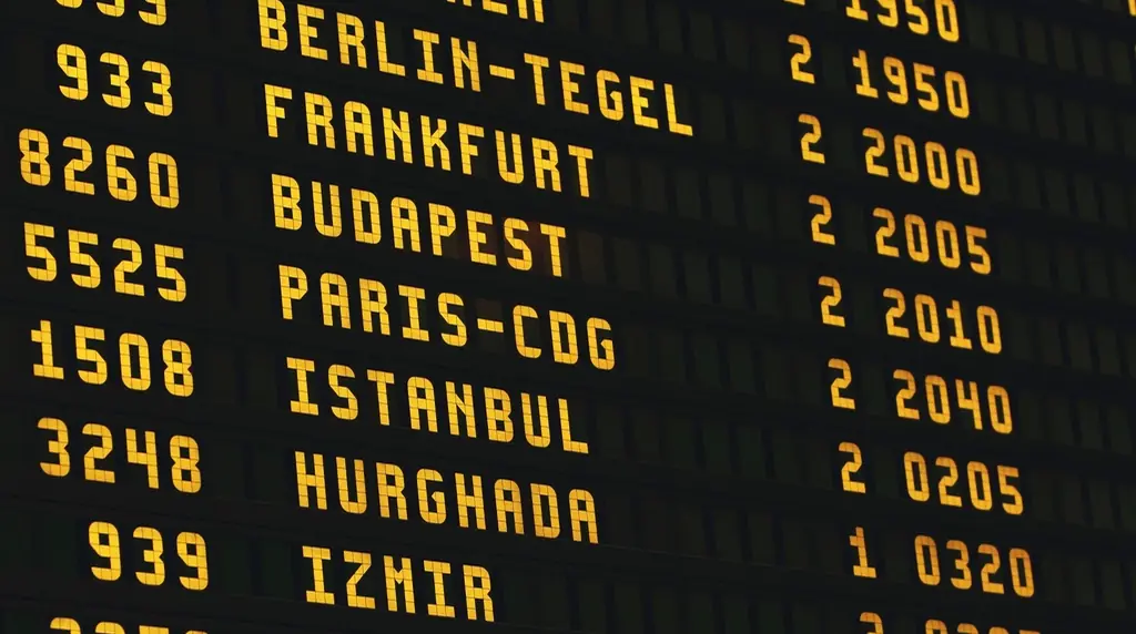 An airport departure board listing flights to Berlin, Frankfurt, Budapest, Paris and Istanbul
